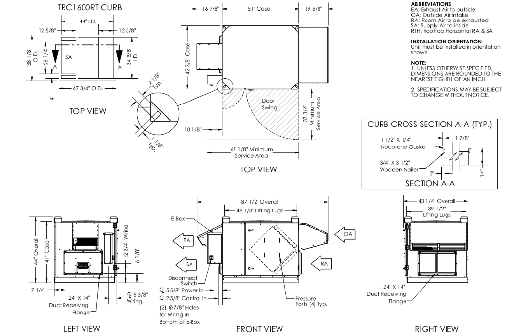 Dimensional drawing for the TRC1600 model.