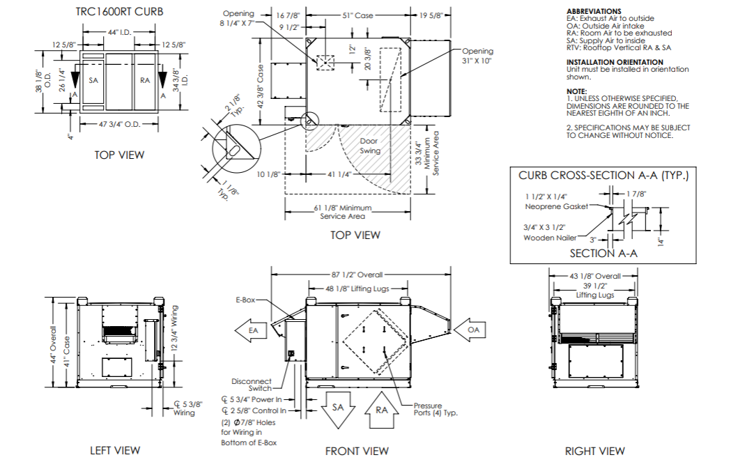 Dimensional drawing for the TRC1600 model.